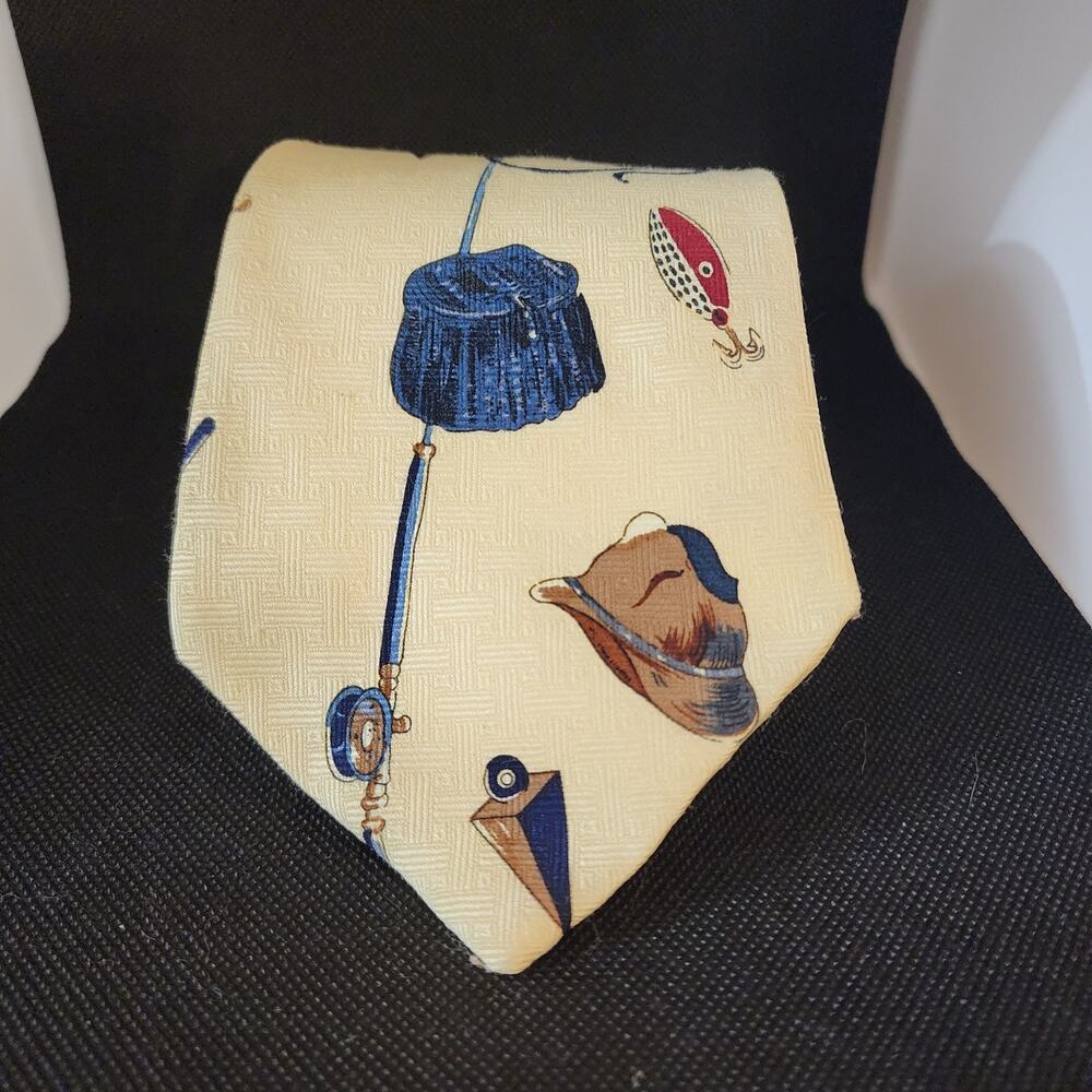 Vintage American Angler Fishing Tie Cream Fish Lure Rod Mens Neck Tie NEEDS TLC